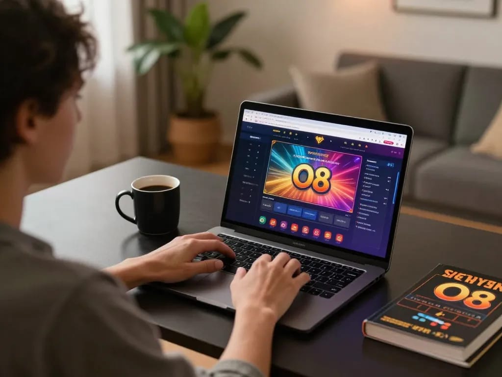Engaging in O8 online gaming with a laptop showcasing casino interface, surrounded by strategy books