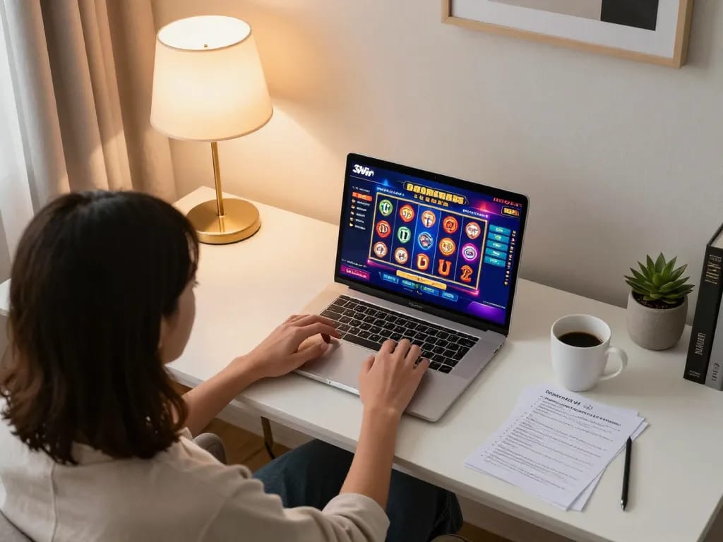 Player engaging with 32win online gaming interface in a cozy home setting