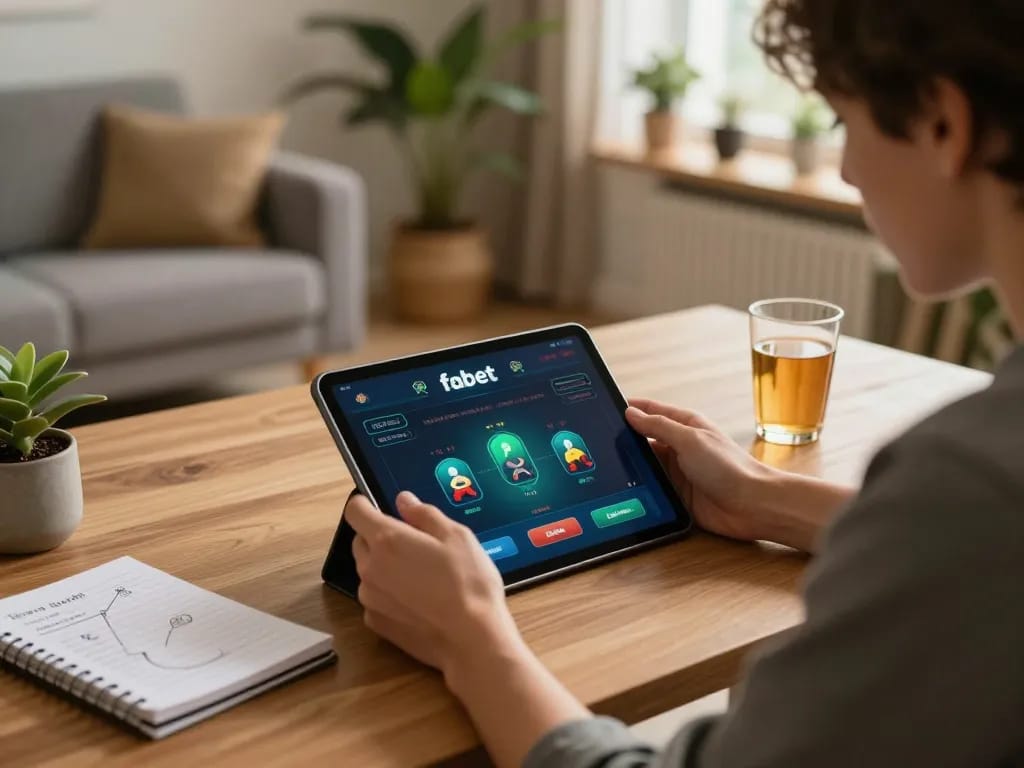 Engaged player using fabet app on tablet for online gambling strategy in cozy setting