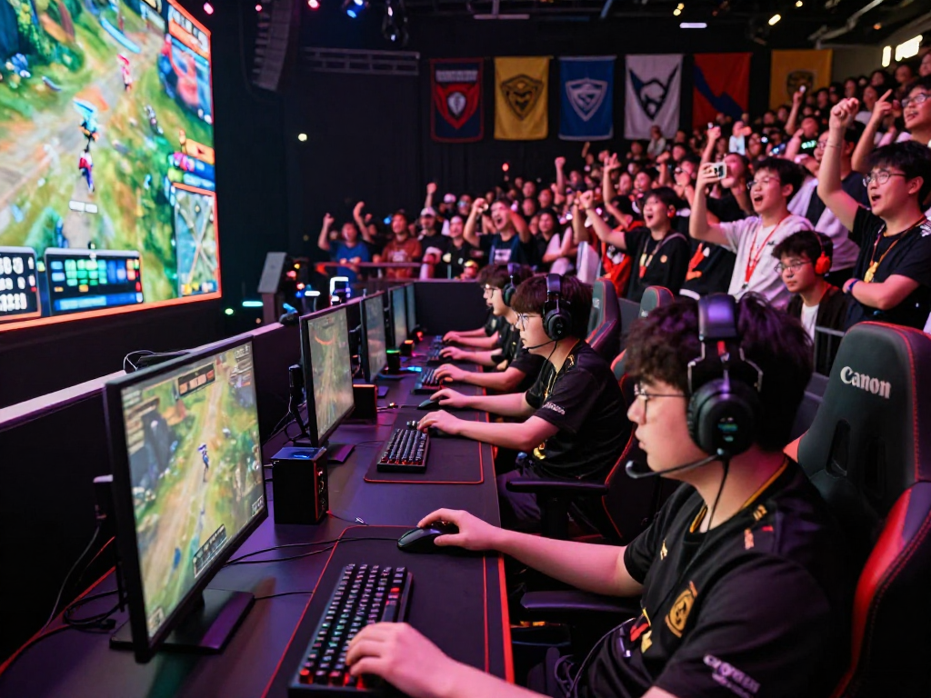 KOMBET168 esports tournament with intense players, vibrant crowd, and colorful gaming setup.