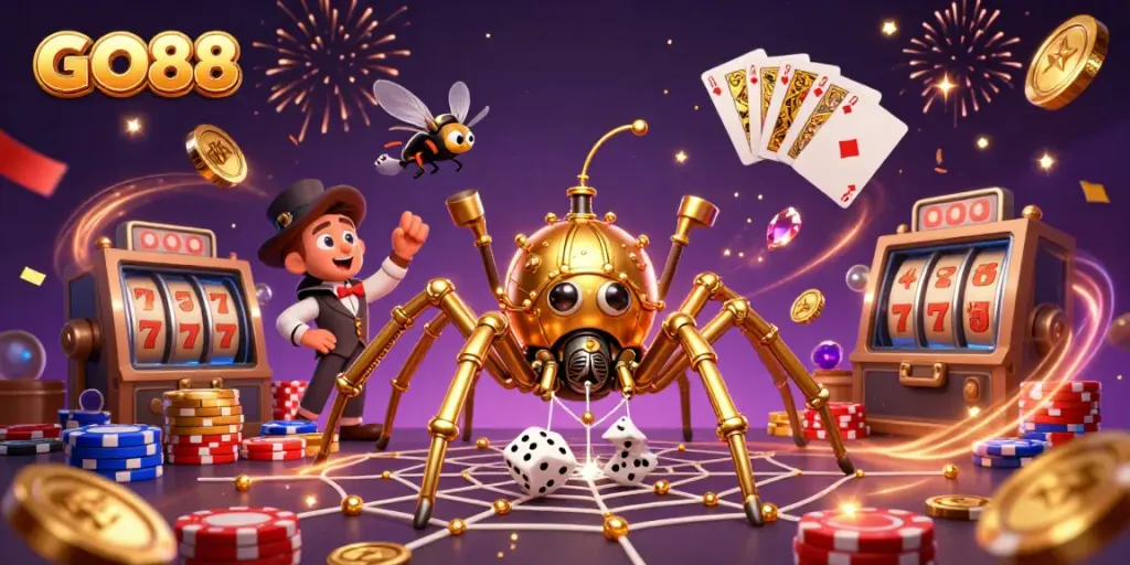 Celebrate big wins with GO88 in a vibrant casino-themed 3D illustration showcasing luck and excitement.