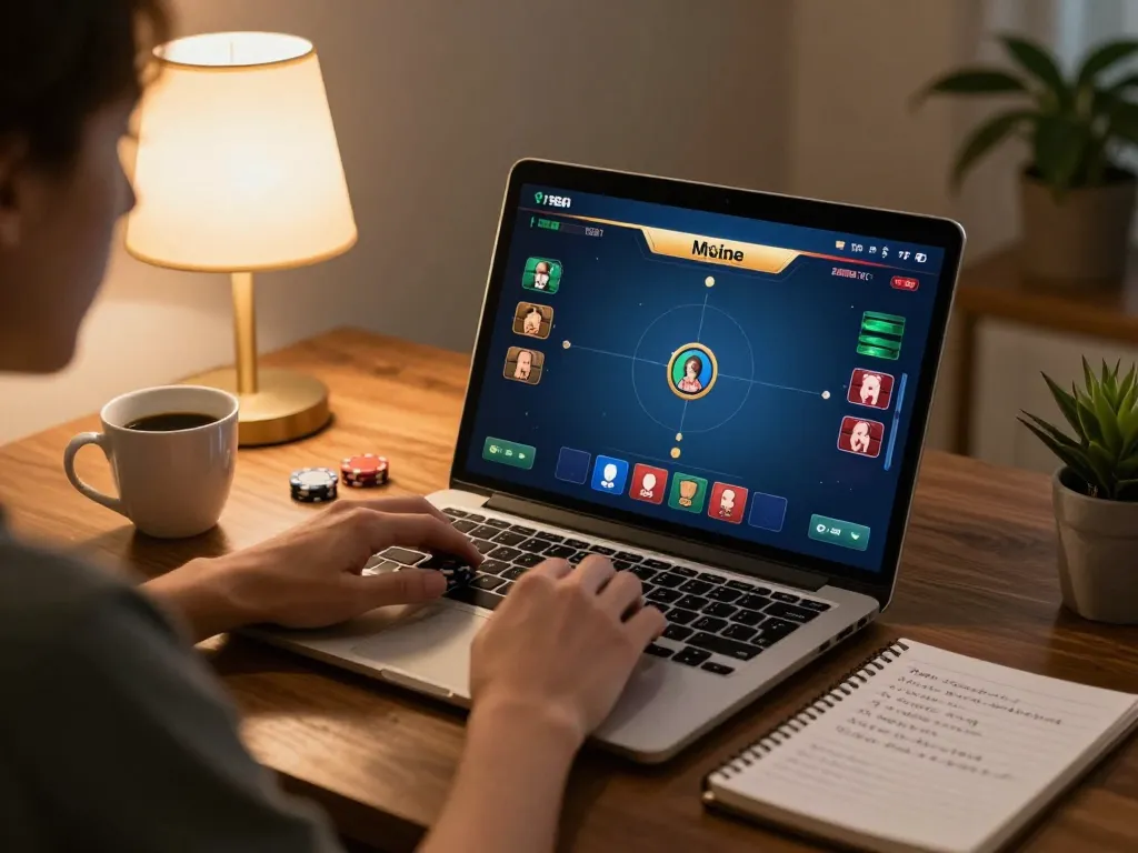 Engage in online poker at https://99win.actor/ with a cozy home setup, strategic gameplay atmosphere.