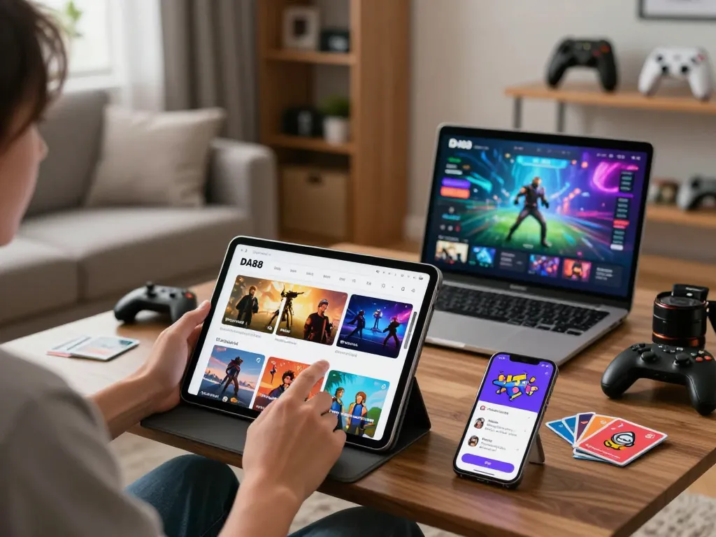 Interactive DA88 online entertainment platform scene featuring user on tablet in cozy living room.