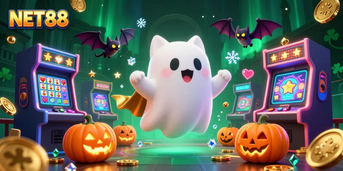 Engage with NET88’s thrilling casino adventures featuring a ghost cat and bat in a haunted mansion.