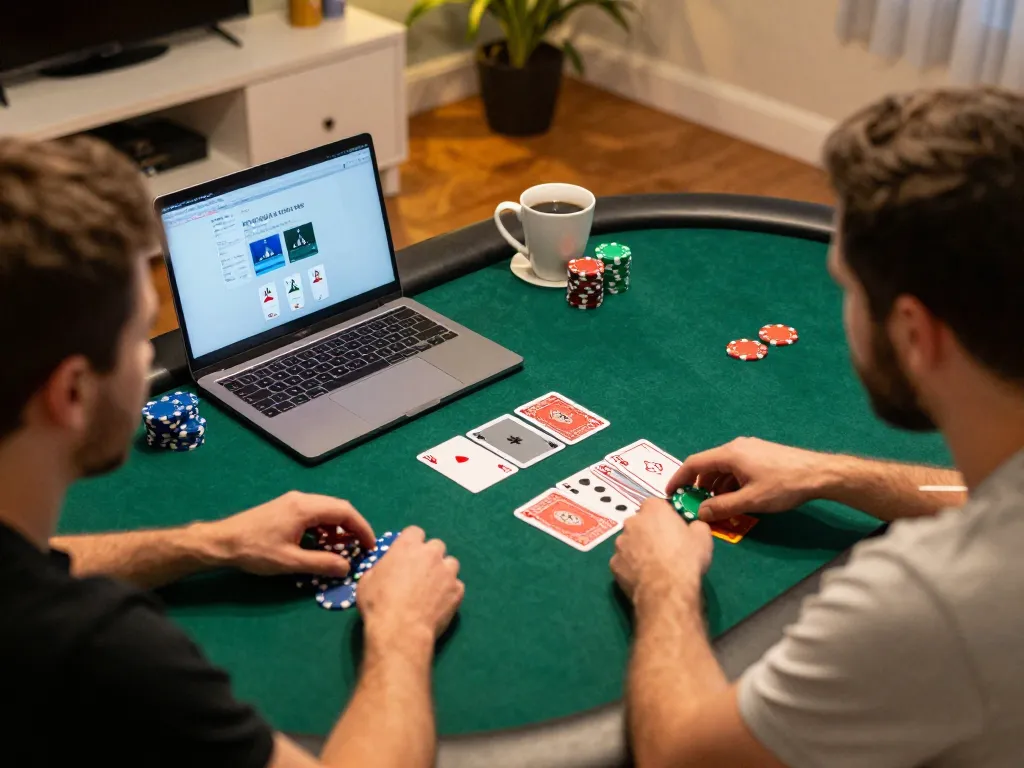 Player enjoying online poker at https://jl16-games.org/ with chips and cards on the table