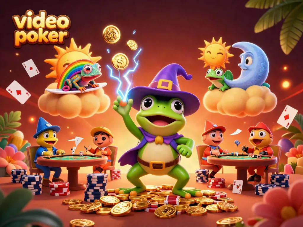Play exciting video poker online with a rich, illustrative scene featuring vibrant characters and casino elements.