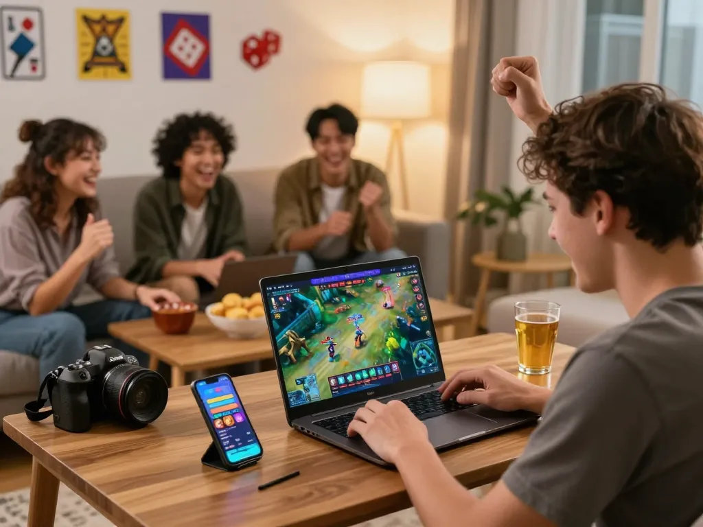 Okwin online gaming excitement with players celebrating wins and engaging in games in a lively home setting.