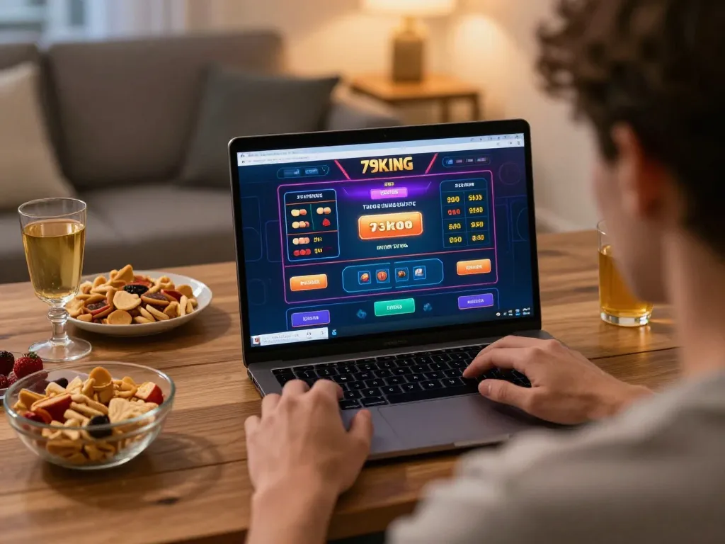 Engaged player enjoying 79KING online casino gaming with strategic focus on laptop.