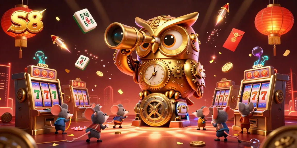 S8 captivates with a vibrant 3D illustration of a golden owl scanning a bustling casino filled with exciting games.