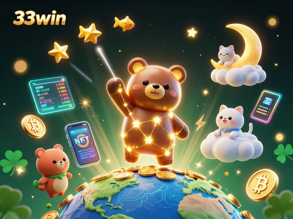 Engage with 33win's vibrant 3D casino illustration showcasing coins and crypto elements