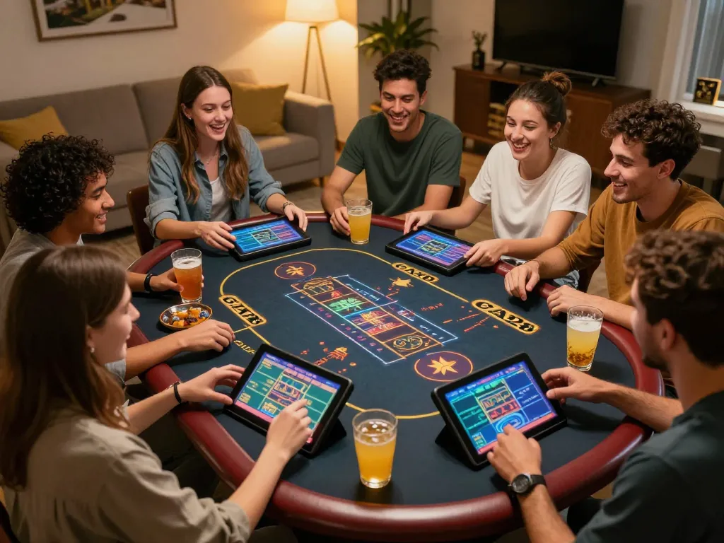 Friends enjoying a lively gaming session at GA28 online casino while strategizing bets.