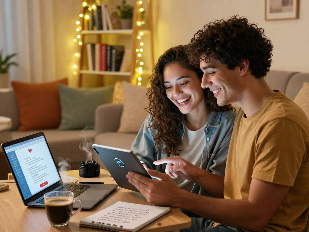 AI girlfriend enhances connection as couple interacts in a cozy apartment, showcasing emotional engagement.