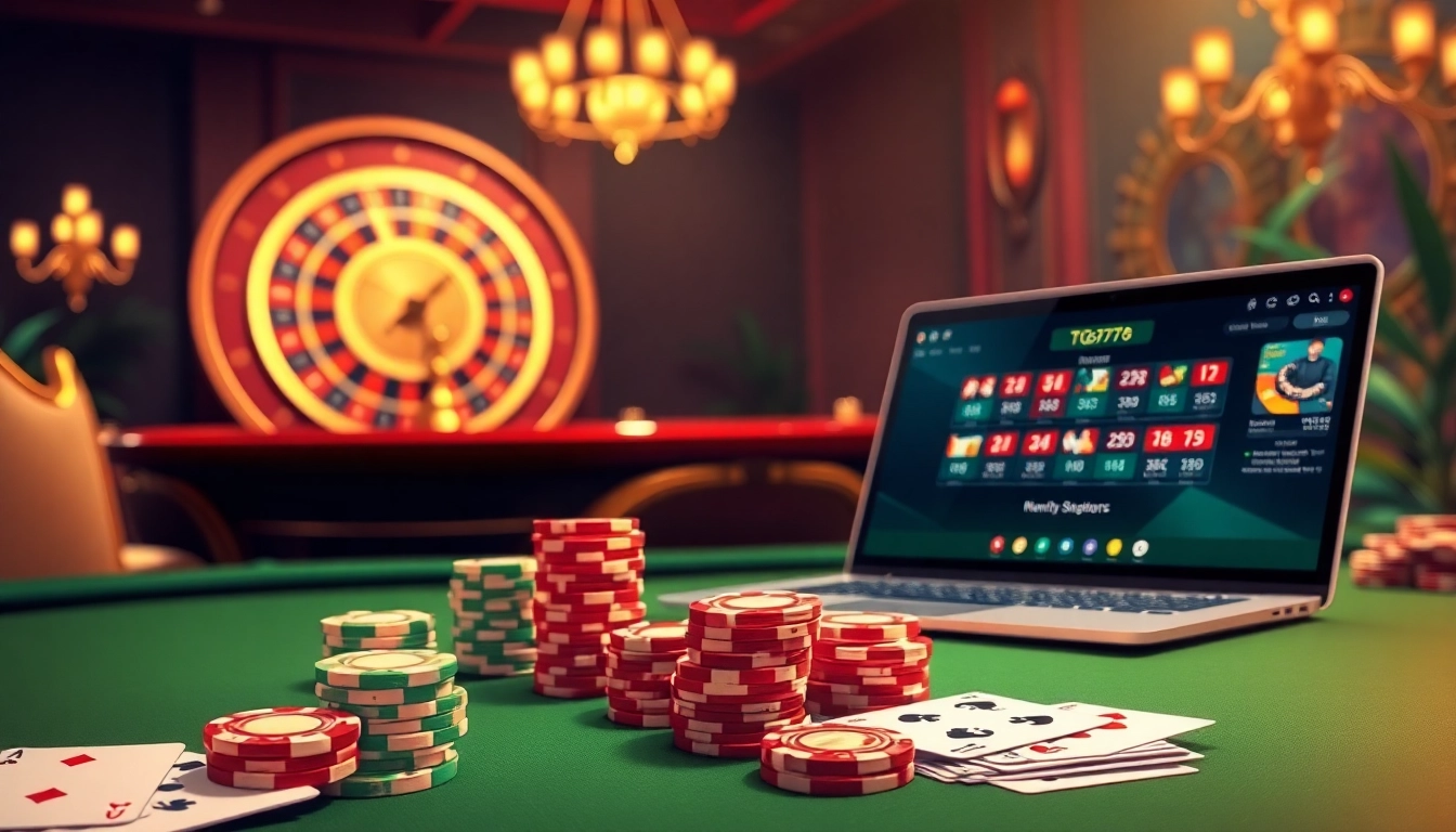 Experience the thrill of TG777 online gaming with sparkling casino tables and exciting game elements.