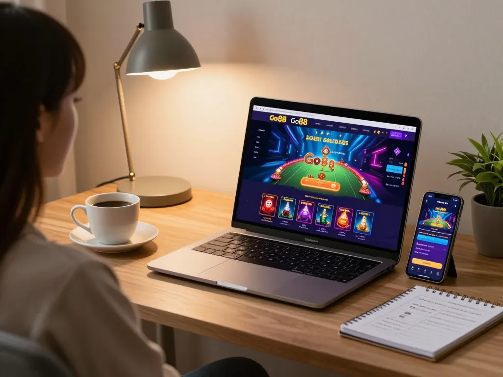 Engaging in exciting gameplay on Go88 online casino via laptop and smartphone in a cozy home setting.