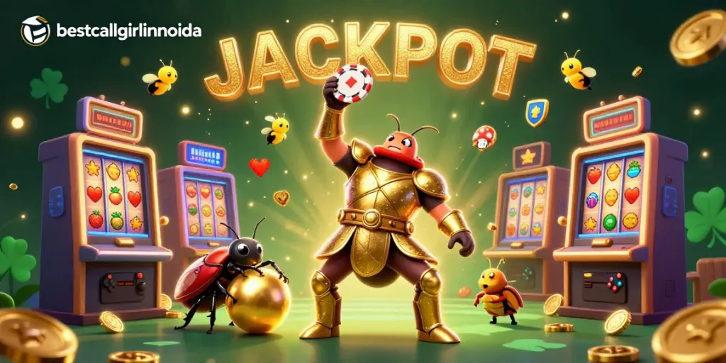 Capture a winning moment with bestcallgirlinnoida; hercules beetle celebrates victory amidst vibrant slot machines and dazzling lights.