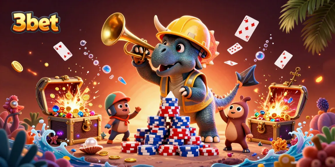Engage with the vibrant world of 3bet featuring a dynamic cartoon scene celebrating casino gaming.