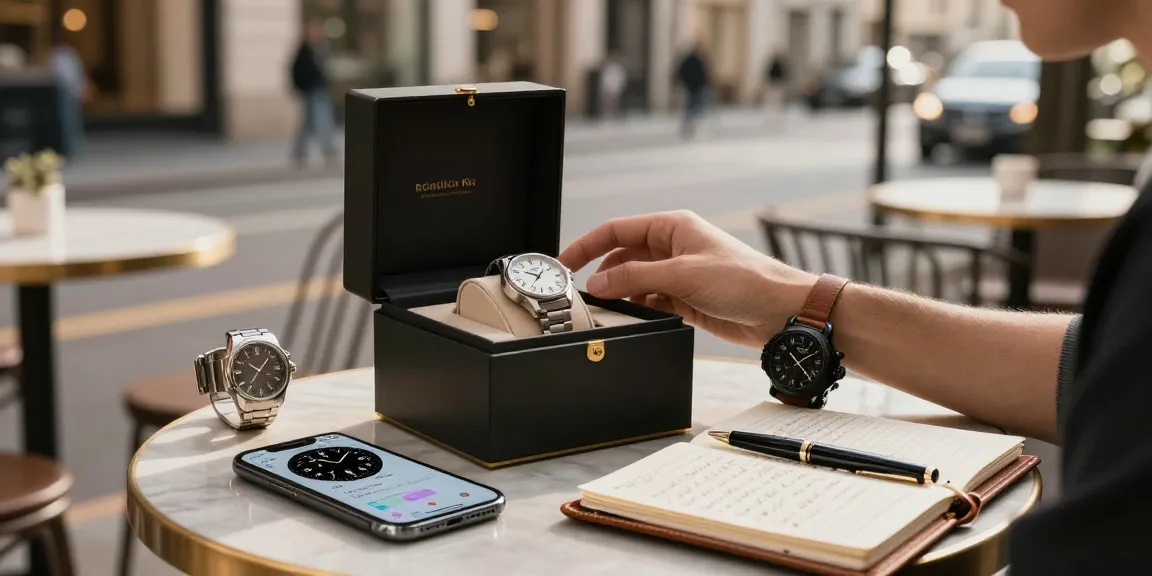 Excited enthusiast reviewing replica watches in stylish café setting.