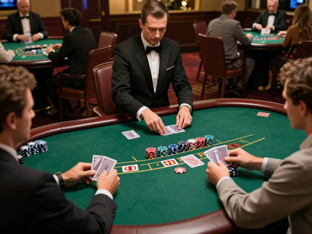 Engage with 68win at an upscale blackjack table in an elegant casino setting.