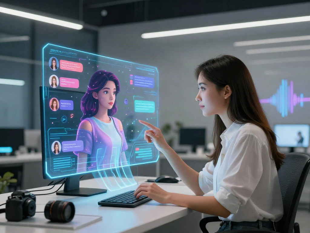 Engaging with an AI girlfriend in a futuristic digital environment, showcasing innovative companionship.