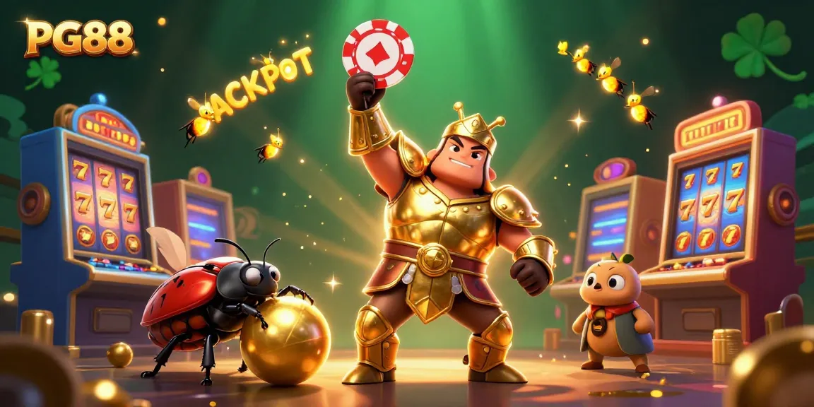 Experience the thrill of PG88 with a victorious beetle and vibrant jackpot elements in a dynamic casino setting.