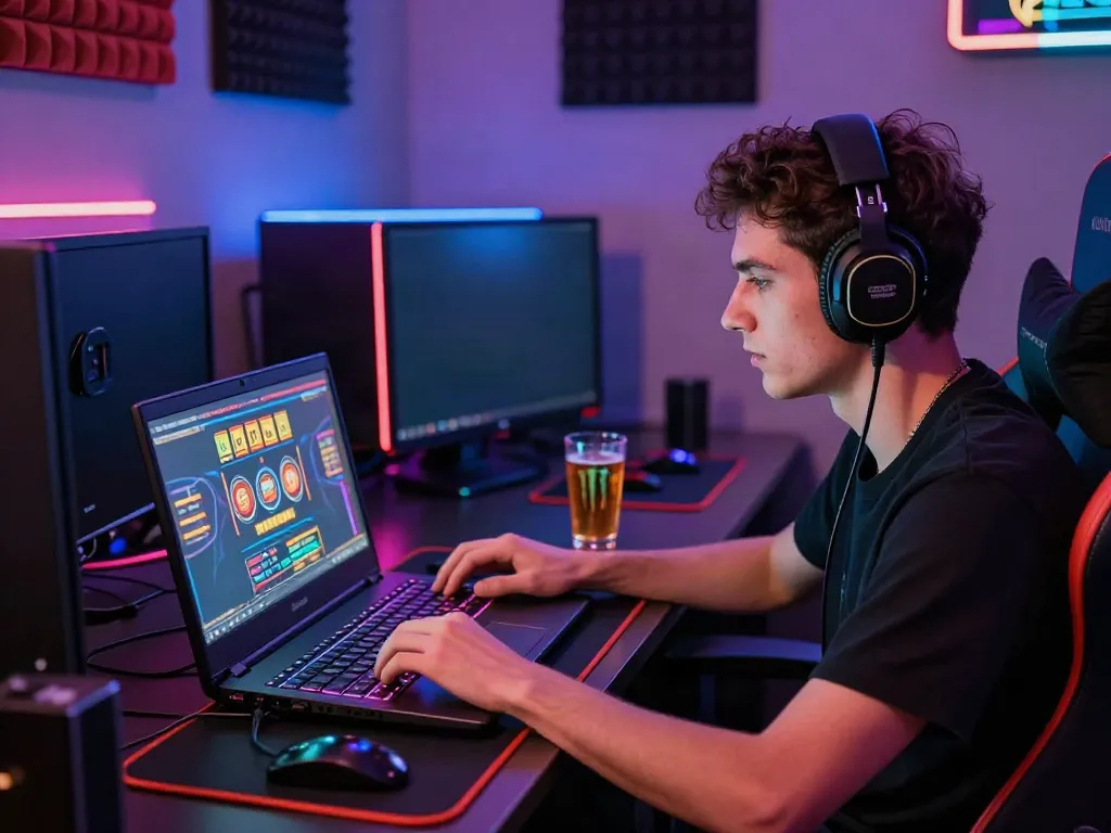 Player enjoying non Gamstop slots on laptop in vibrant gaming setup.