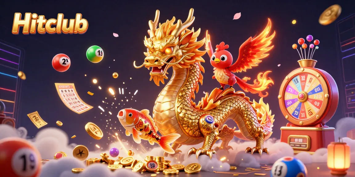 Hitclub showcases a fierce dragon and phoenix amid vibrant gaming elements such as jackpot reels and lottery balls.