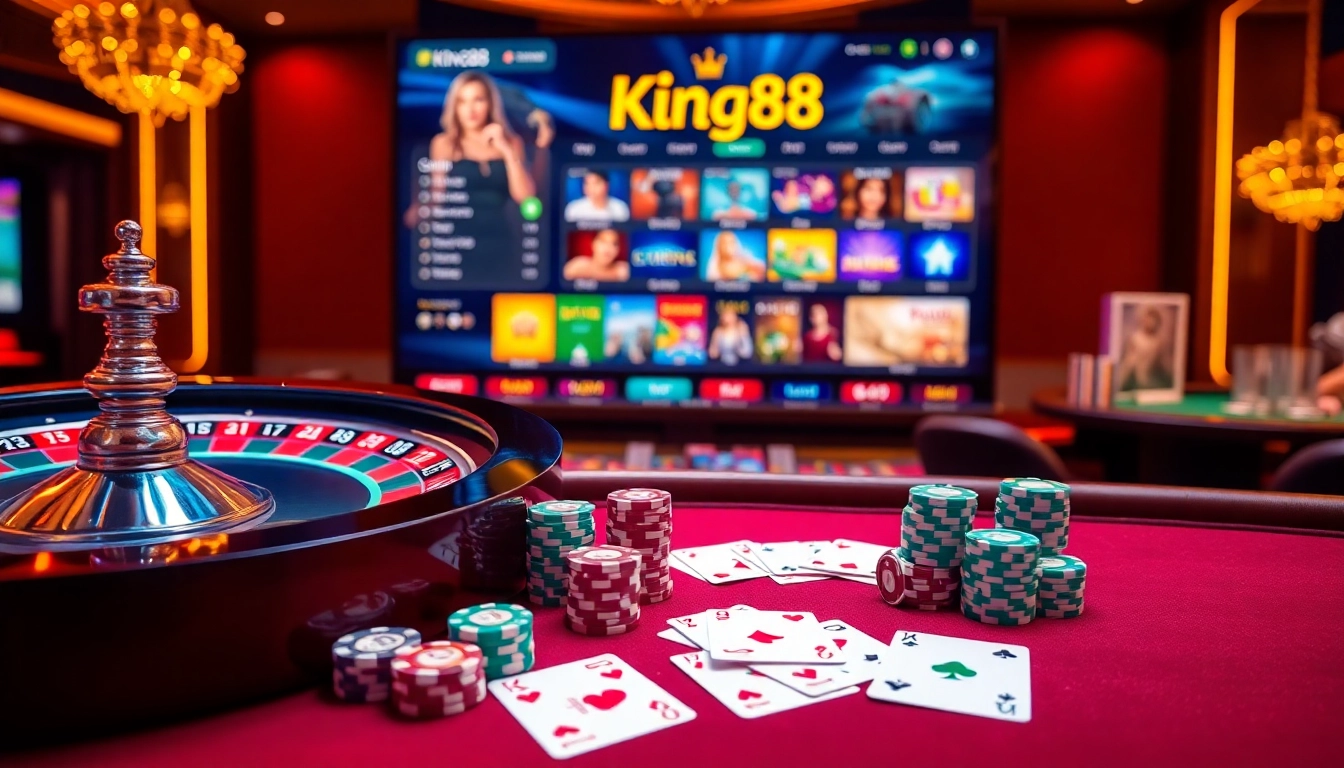 King88 online casino scene featuring a roulette wheel, chips, and vibrant virtual gaming interface.