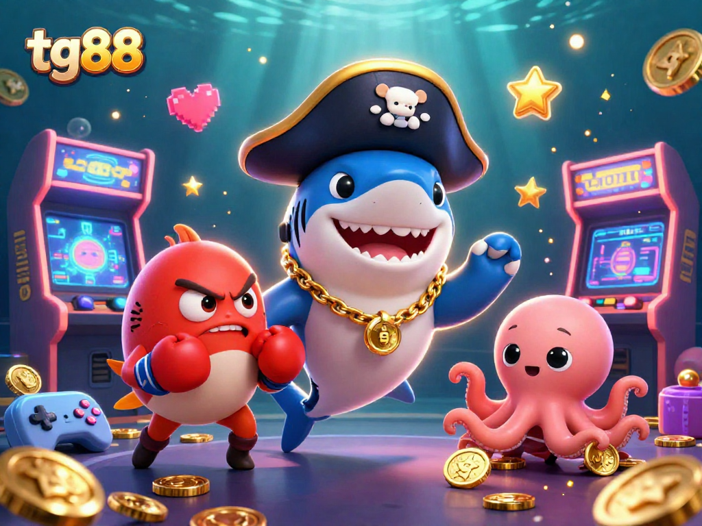 Engage in thrilling action at tg88 with this colorful casino scene featuring a pirate shark, pufferfish, and octopus.
