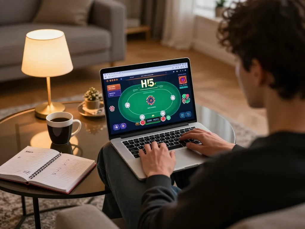 Engaging in H5 browser play with strategic notes and cozy gaming setup