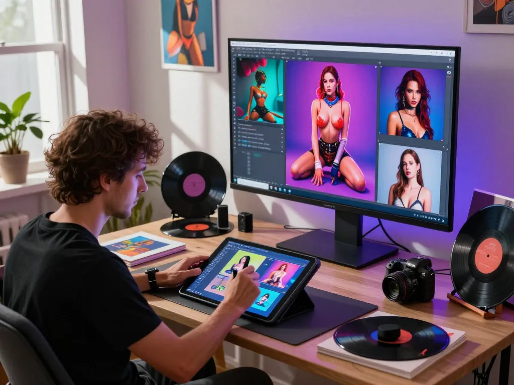 Creating AI porn visuals in a vibrant digital art studio with advanced technology