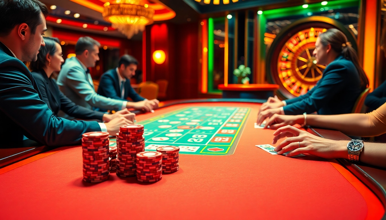 Bsport players engaged in an intense poker game surrounded by vibrant casino elements.
