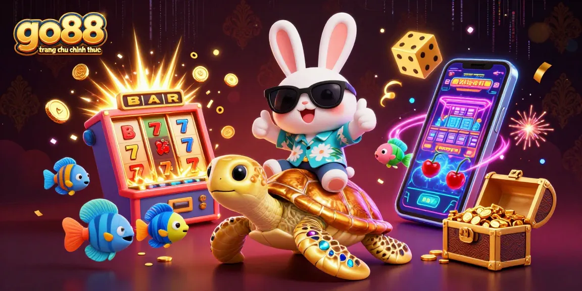 Experience the excitement of go88 trang chu chinh thuc with a cartoon lucky rabbit and sea turtle in a vibrant casino scene.