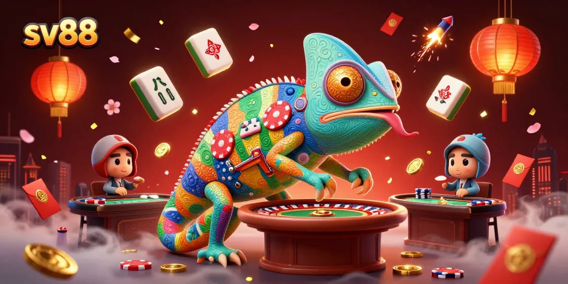 Experience thrilling wins at sv88 with a colorful chameleon casino owner collecting gold coins amidst festive decorations.