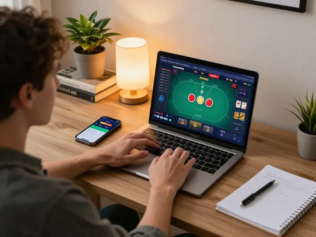 Engaging cm88 poker gameplay on a laptop in a cozy home office setting