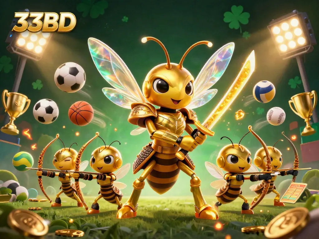 Engage in thrilling games at 33BD with a dynamic illustration of a giant golden hornet samurai and sports elements.