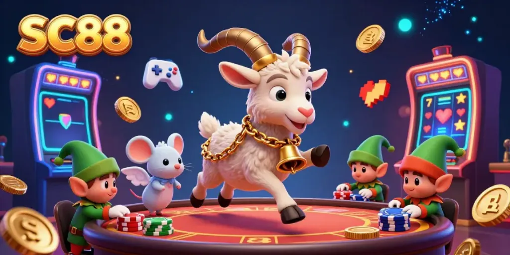 Experience the excitement of SC88 as festive characters navigate a vibrant casino with dynamic gameplay elements.