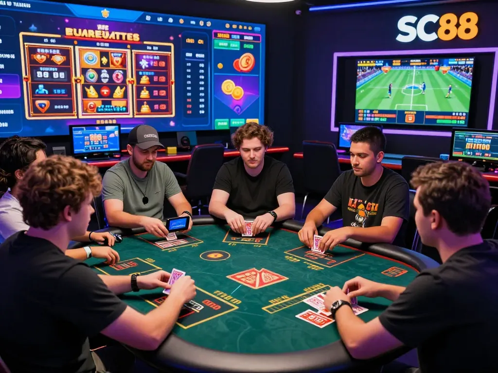 Engaged players enjoying SC88 online gambling with vibrant digital interface showcasing various games and betting options.