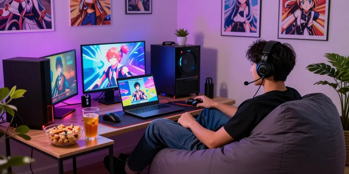 Gamer enjoying an ecchi simulator in a cozy home setup with snacks and LED lights.