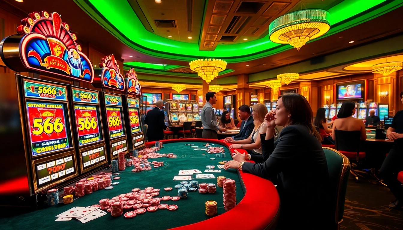 Engaging casino gameplay at s666 with vibrant slot machines, poker chips, and exciting players.