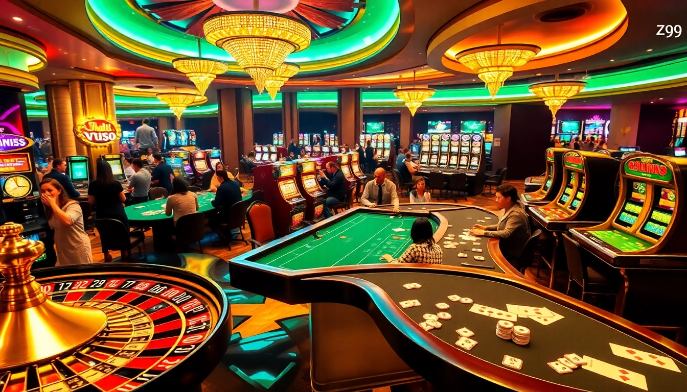 Players engaging with VZ99's thrilling casino games, surrounded by vibrant slot machines and poker tables.