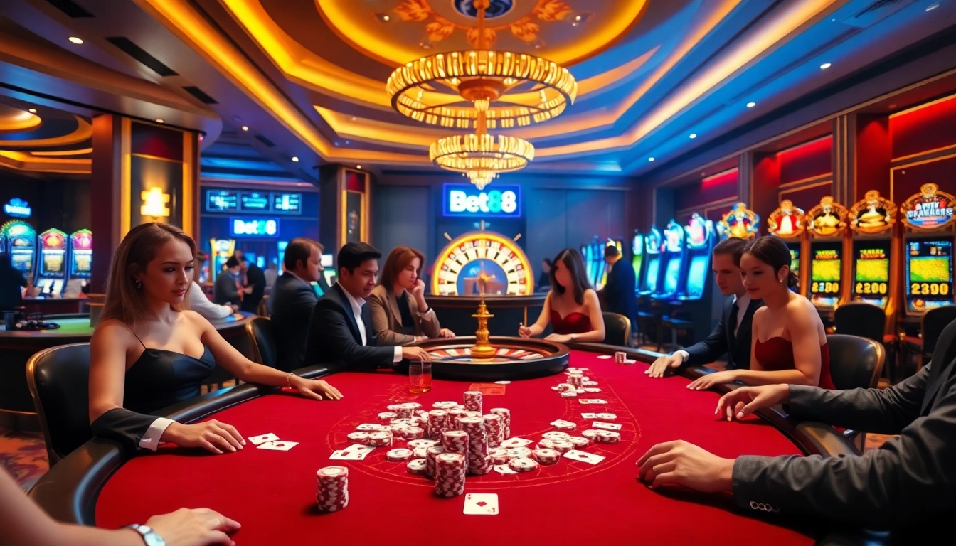 Bet88 gaming table featuring prestigious poker action with vibrant chips and cards.
