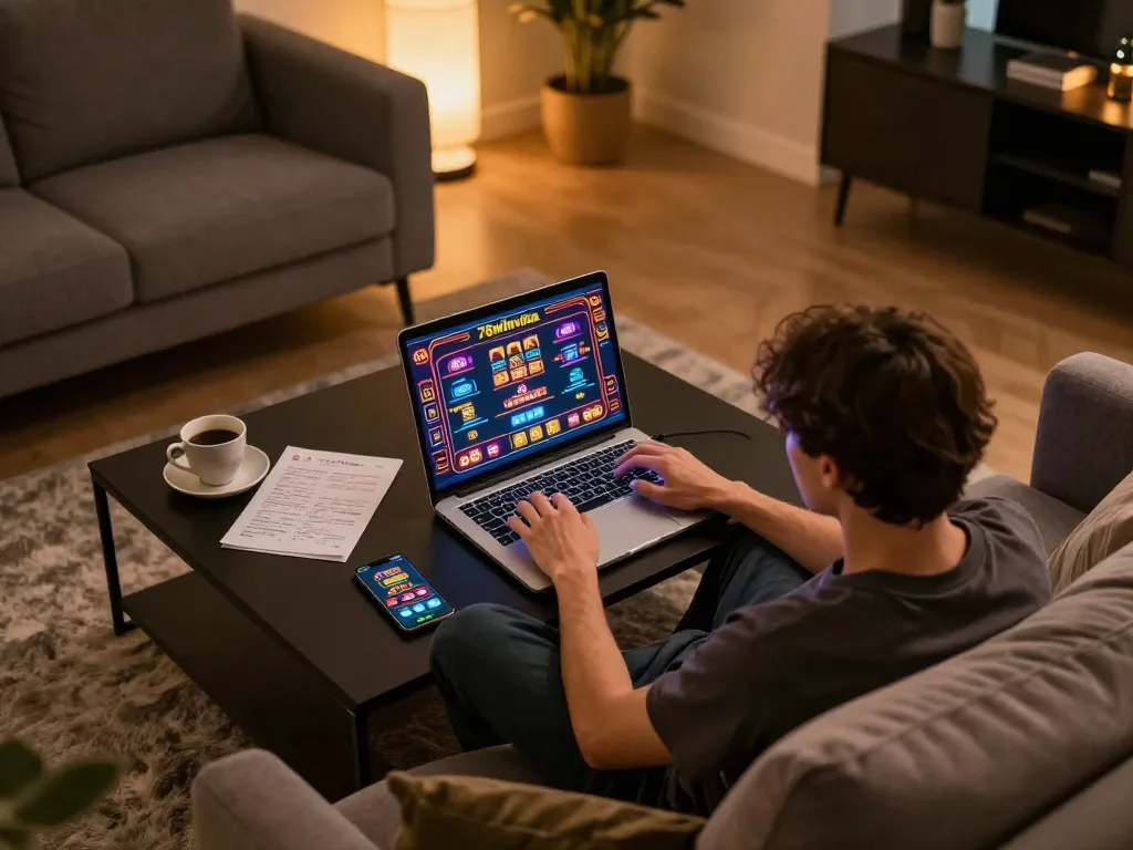 Engaging online gaming session at home with 78winvina displayed on the laptop screen and strategic notes present.