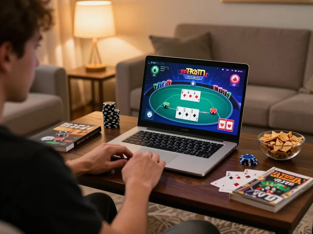 Engaging in online poker on F8BET platform at home, showcasing a cozy gaming setup.