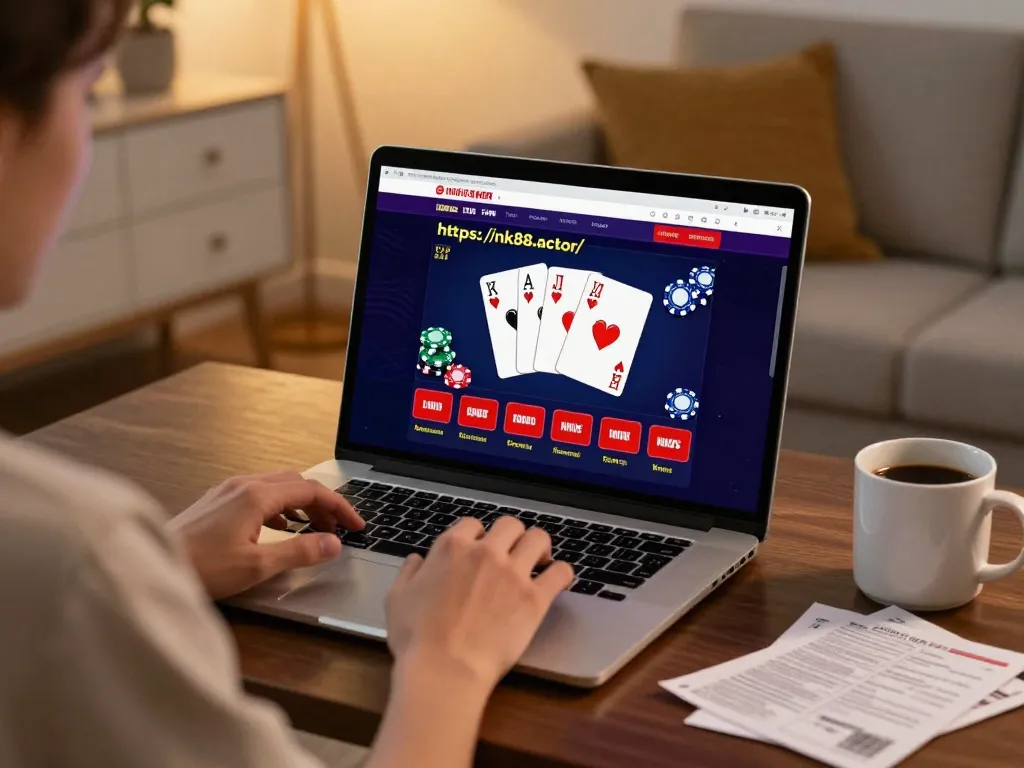 Engaging in online gaming at https://nk88.actor/ with vibrant casino interface on laptop screen, cozy home setting.