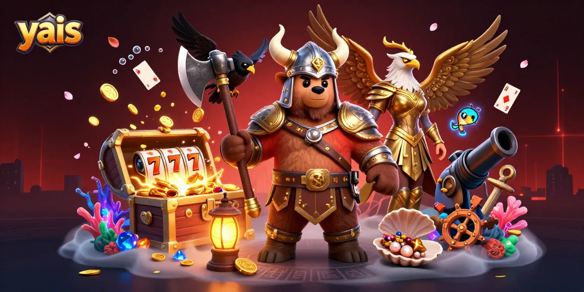 Experience the thrilling world of yais with dynamic Viking and casino elements in a vibrant, action-packed scene.