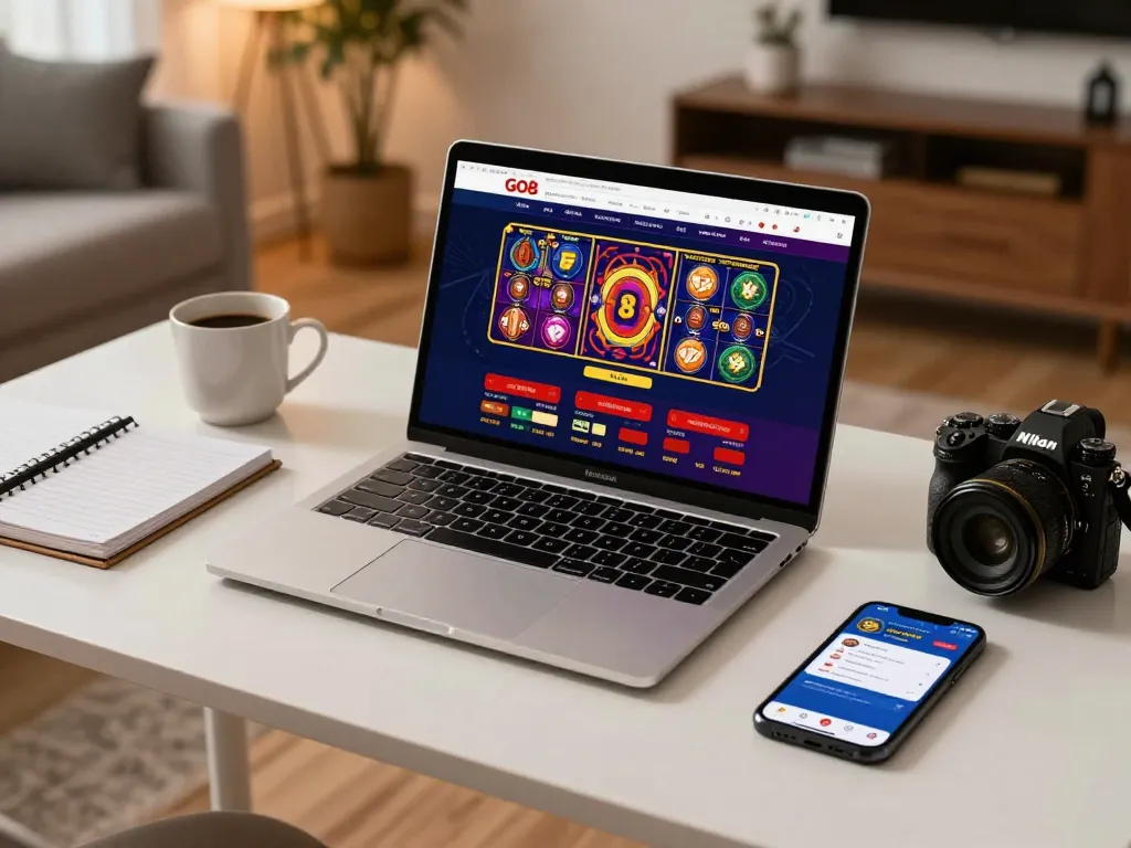 Engaging session at GO8 online casino showcasing slots and live games on laptop.