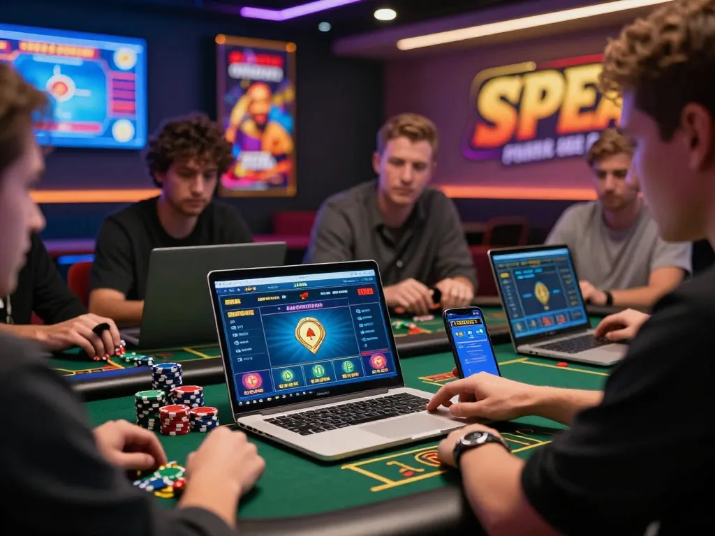 Engaging online gambling scene with players using rikbet on laptops and smartphones in a vibrant gaming lounge.