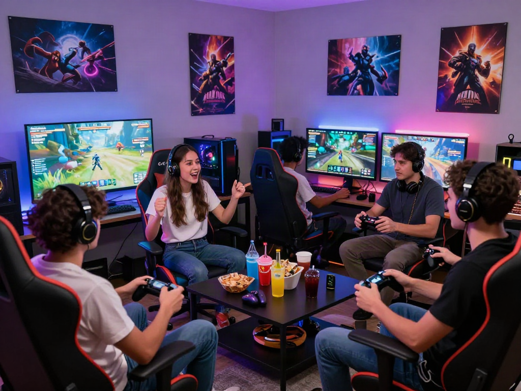 Group of friends playing porngames in a vibrant gaming setup with snacks and consoles.