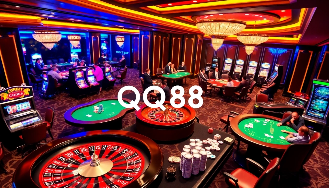 Experience the excitement of QQ88 casino games with vibrant tables and spinning roulette.