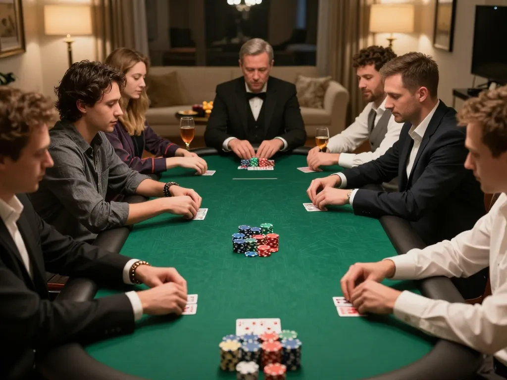 Players strategizing in a high-stakes poker game at home, highlighting UU88's thrilling social atmosphere